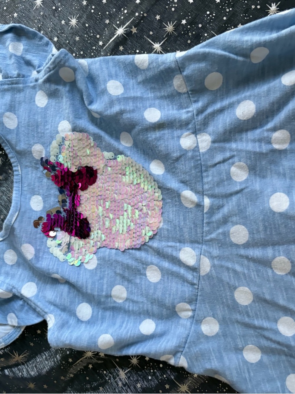 Disney Light Blue Polka Dot Dress with Iridescent Pink Sequin Bow